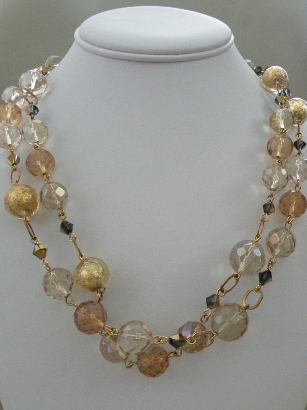 Champagne Golden Faceted Beads & Encased Gold Leaf Foil & Crystal Beads Necklace